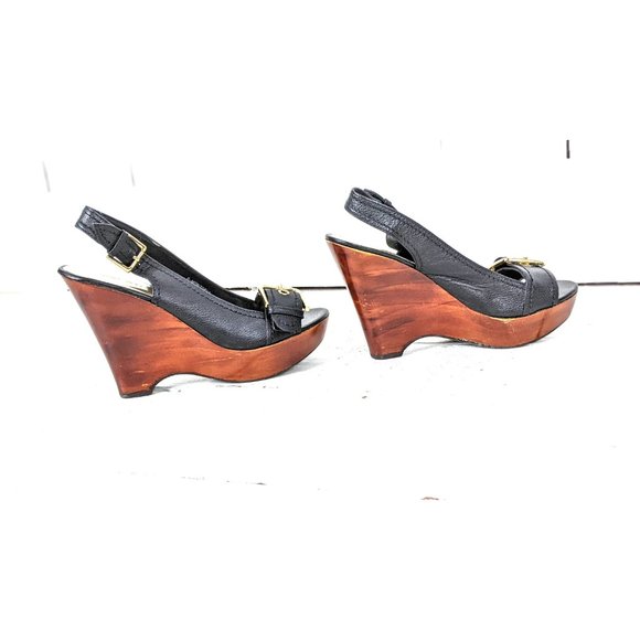 Nine West black leather open toe buckle high heel wedge platform slingbacks - Picture 5 of 8